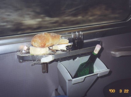 dinner on the train - wine, cheese and bread
