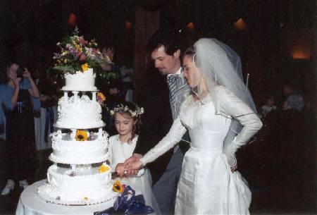 cutting the cake; bride, groom & elaine - reception
